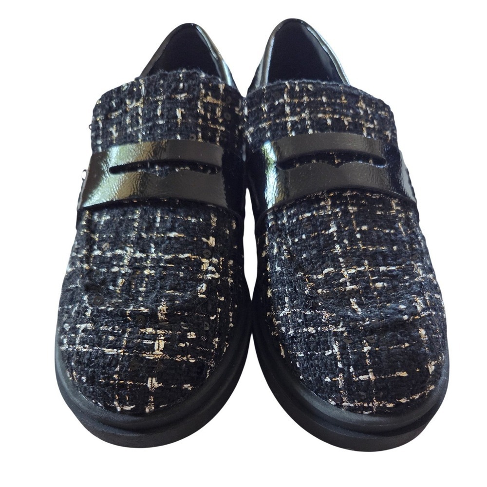 Jessica Simpson Loafers Women 8.5 Black New Tweed Sequin Patent Penny Platform - Picture 2 of 6